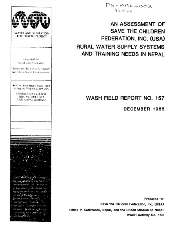 Assessment of Save the Children Federation, Inc. (USA) rural water supply systems and training needs in Nepal