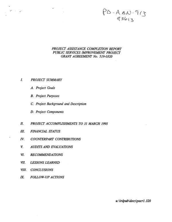 Project assistance completion report : public services improvement project -- grant agreement no. 519-0320