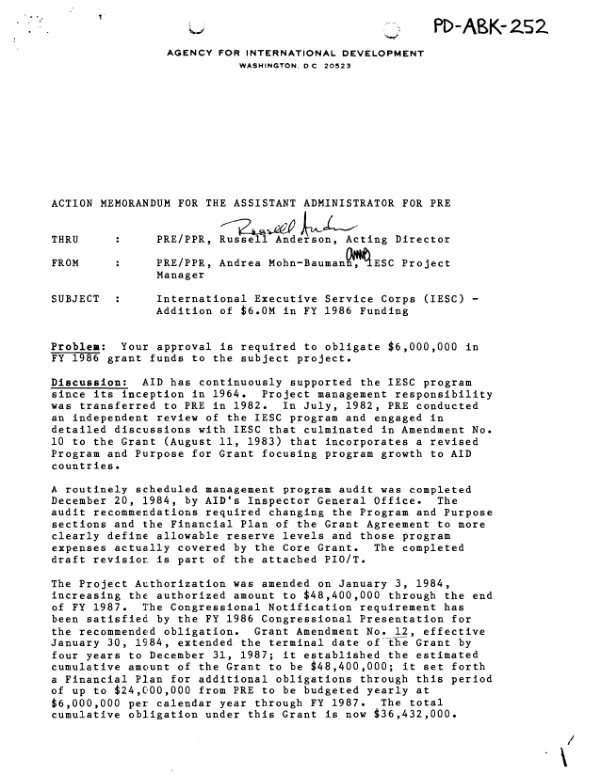 Action memorandum for the Assistant Administrator for PRE (Bureau for Private Enterprise) : International Executive Service Corps (IESC) -- FY 1986 funding and revised program, purpose and financial plan of grant agreement