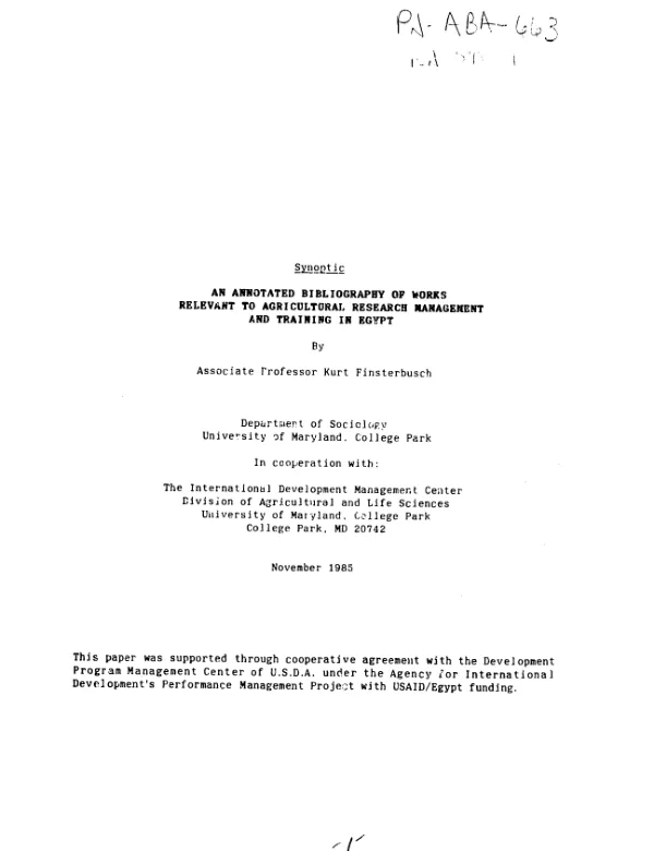 Synoptic : an annotated bibliography of works relevant to agricultural research management and training in Egypt