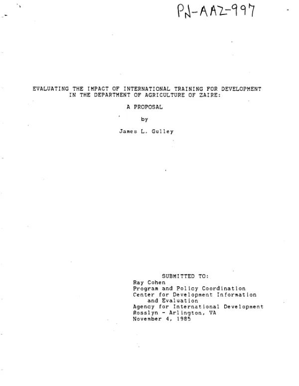 Evaluating the impact of international training for development in the Department of Agriculture of Zaire : a proposal