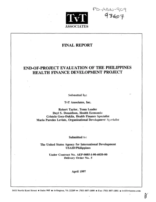 Final report : end-of-project evaluation of the Philippines health finance development project
