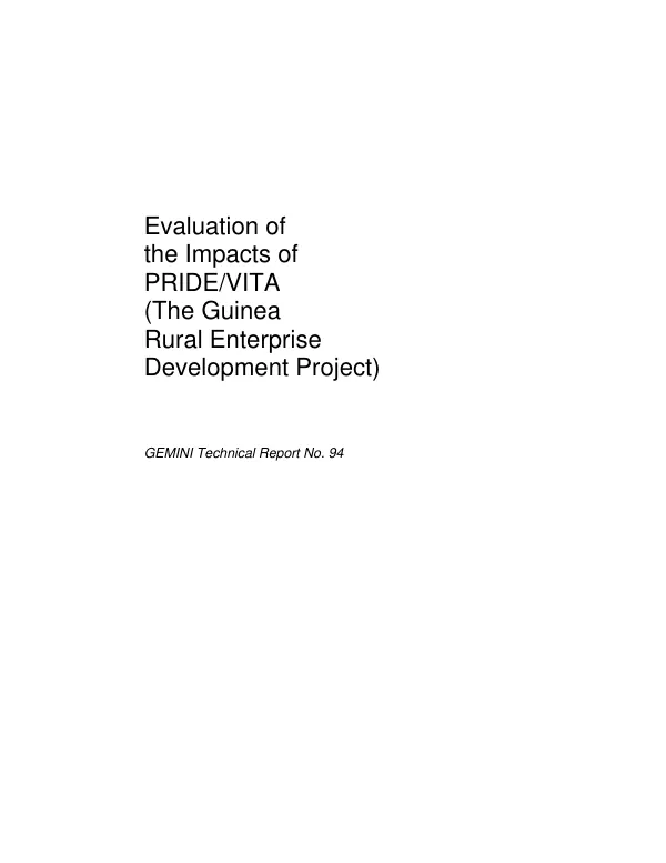 Evaluation of the impacts of PRIDE/VITA [Programme Integre pour le Developpement de l'Entreprise/Volunteers in Technical Assistance, Inc.] (the Guinea rural enterprise development project)