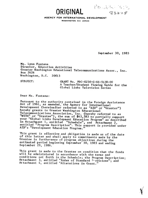 AID grant no. PDC-0230-G-SS-5128-00 to the Greater Washington Educational Telecommunications Association, Inc. for a program in development education