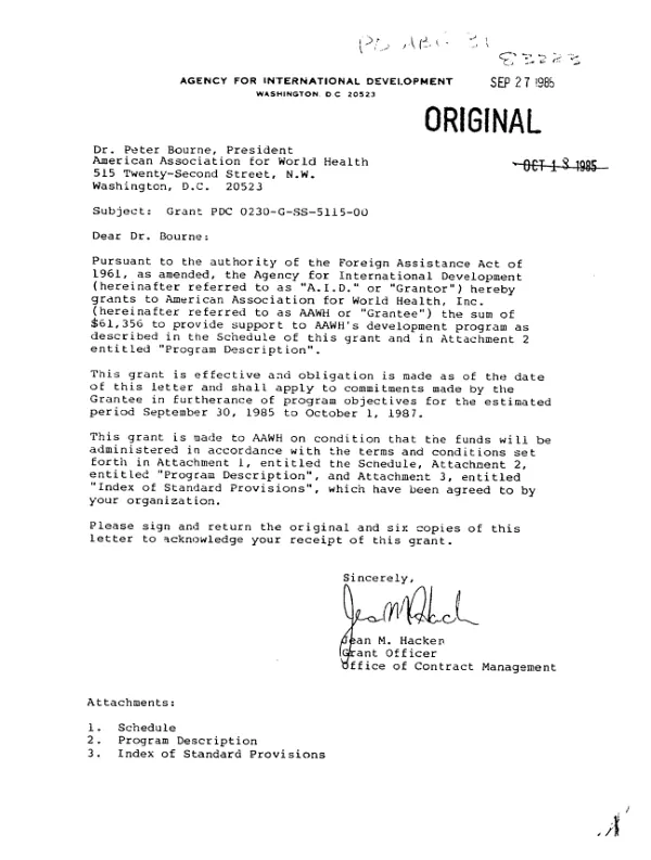 AID grant no. PDC-0230-G-SS-5115-00 to the American Association for World Health for a program in development education