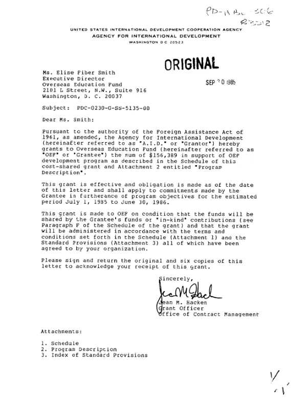 AID grant no. PDC-0230-G-SS-5135-00 to the Overseas Education Fund for a program in education development