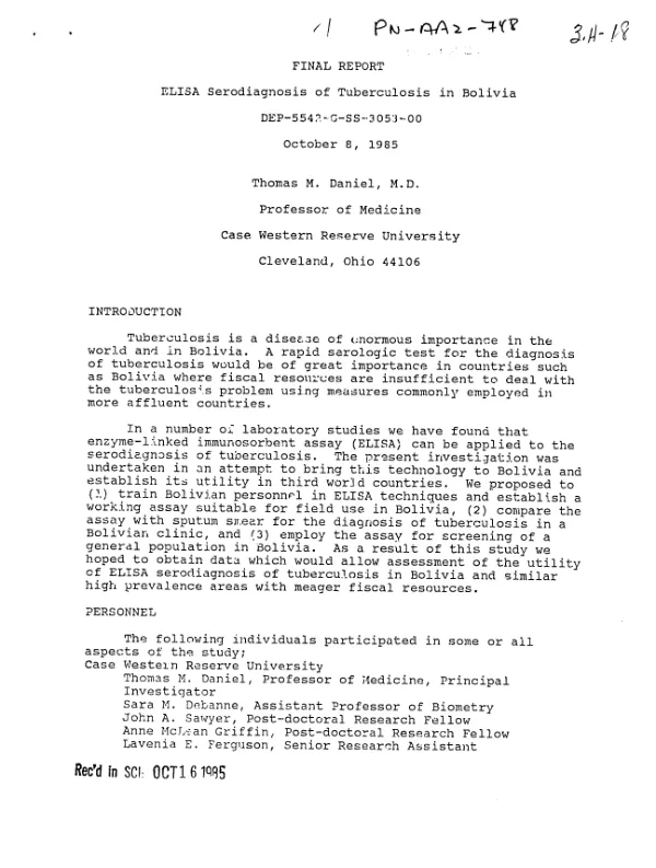 Final report : ELISA serodiagnosis of tuberculosis in Bolivia