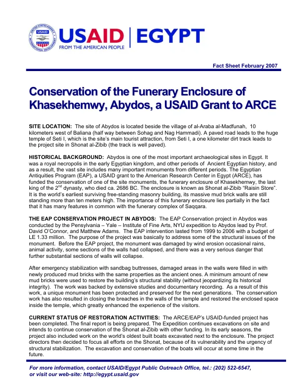 Conservation of the funerary enclosure of Khasekhemwy, Abydos, a USAID grant to ARCE