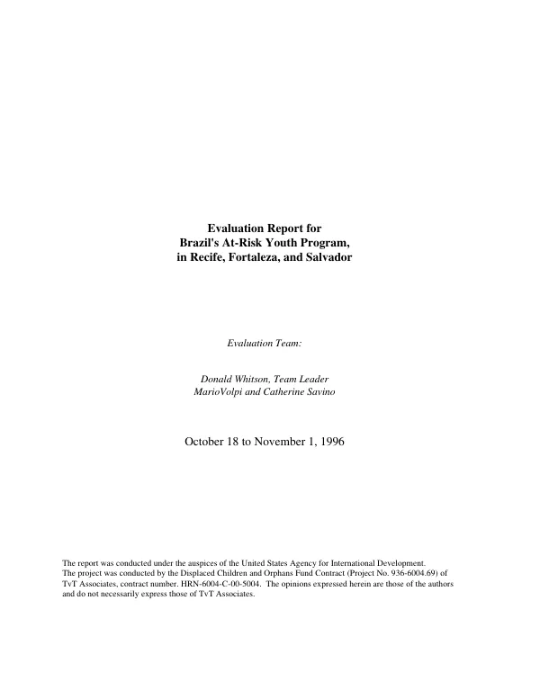 Evaluation report for Brazil's at-risk youth program, in Recife, Fortaleza, and Salvador