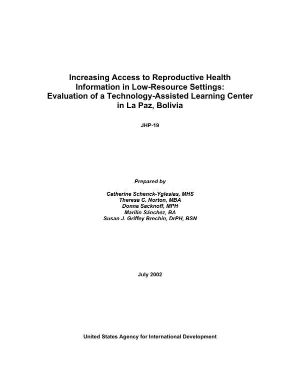 Increasing access to reproductive health information in low-resource settings : evaluation of a technology-assisted learning center in La Paz, Bolivia