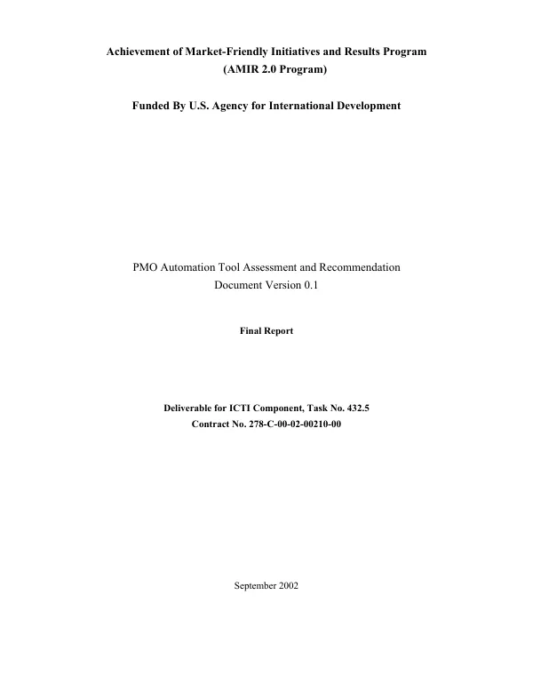 PMO [(Program Management Office), MoICT (Ministry of Information and Communication Technology), Jordan] automation tool assessment and recommendation : document version 0.1 -- final report