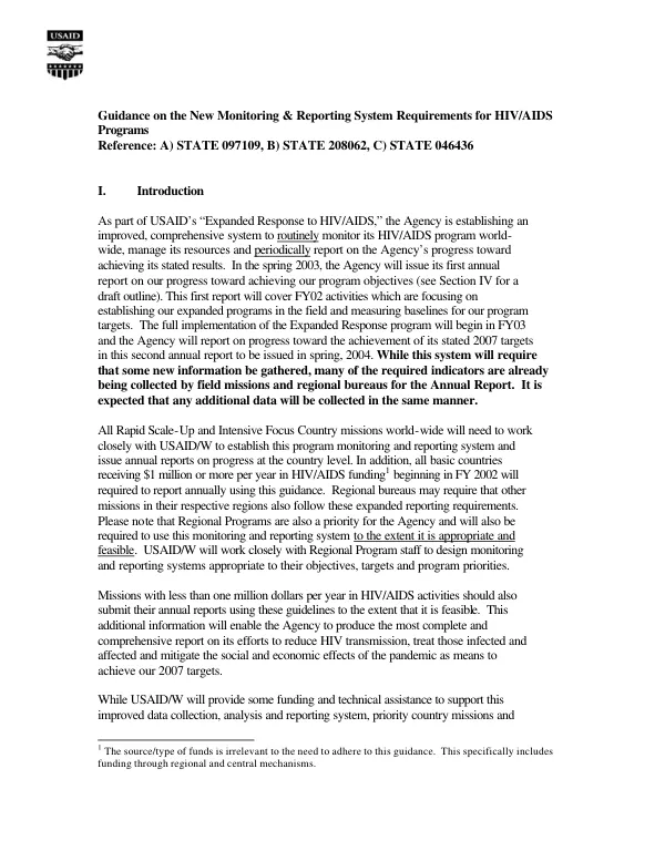 Guidance on the new monitoring & reporting system requirements for HIV/AIDS programs
