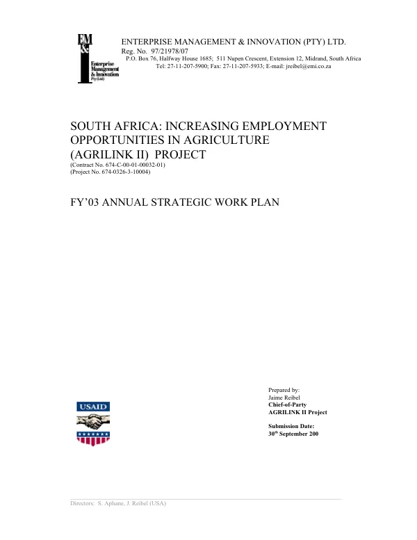 South Africa : increasing employment opportunities in agriculture (AGRILINK II) project : FY "03 annual strategic work plan