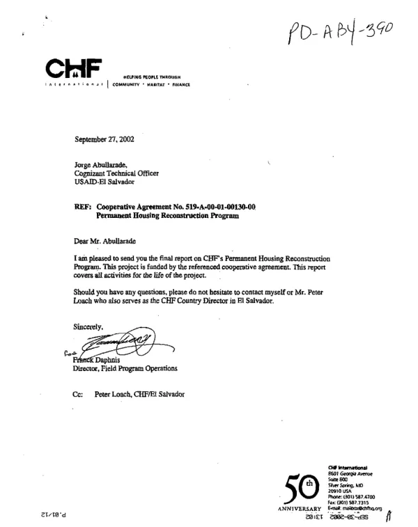 El Salvador : post-earthquake permanent housing reconstruction program I -- final report, [reporting period May 23, 2001 to June 30, 2002]