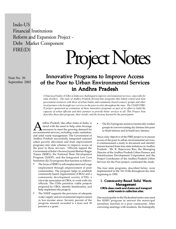 Innovative programs to improve access of the poor to urban environmental services in Andhra Pradesh[, India]