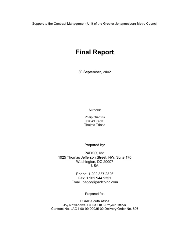 Support to the Contract Management Unit of the Greater Johannesburg Metro Council[, South Africa] : final report