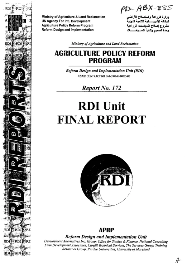 Agricultural policy reform program (APRP)-Reform Design and Implementation Unit (RDI) : final report