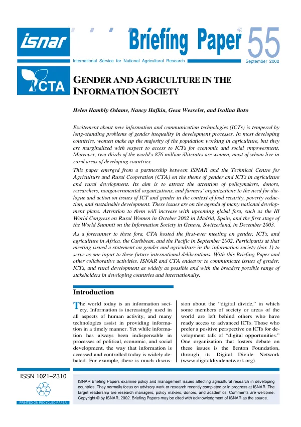 Gender and agriculture in the information society