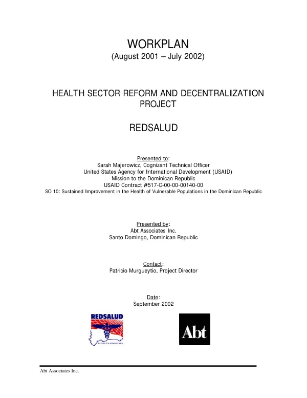Workplan (August 2001-July 2002) : health reform and decentralization project, REDSALUD