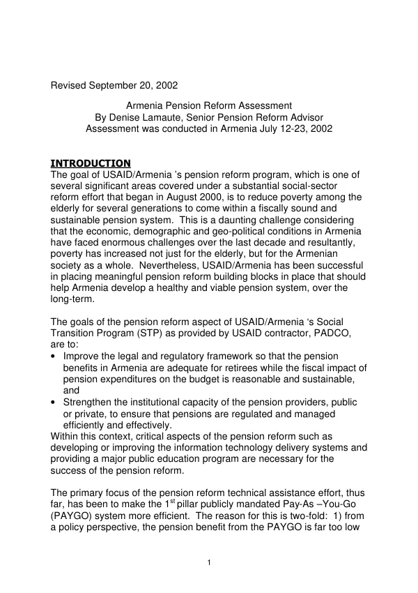 Armenia pension reform assessment
