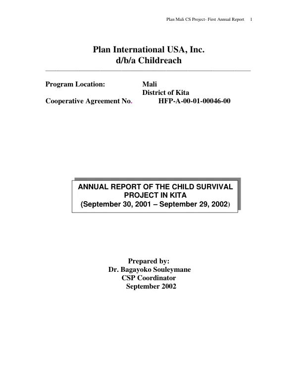 Annual report of the child survival project in Kita[, Mali] (September 30, 2001-September 29, 2002)