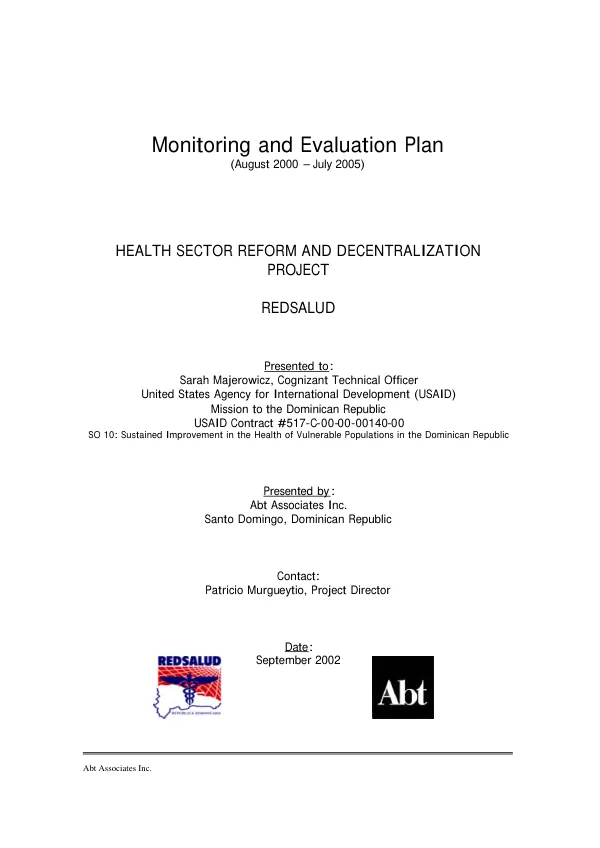 Monitoring and evaluation plan (August 2000-July 2005) : health sector reform and decentralization project-REDSALUD