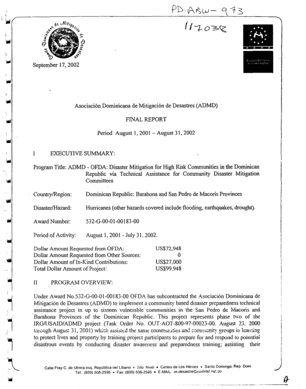 Asociacion Dominicana de mitigacion de desastres (ADMD) : final report -- period August 1, 2001-August 31, 2002