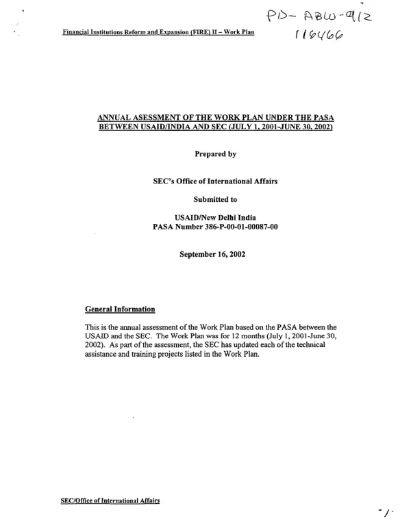 Annual assessment of the work plan under the PASA between USAID/India and SEC (July 1, 2001-June 30, 2002)