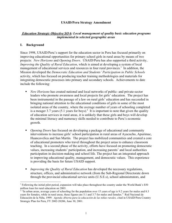 USAID/Peru strategy amendment : education strategic objective SO 6 -- local management of quality basic education programs implemented in selected geographic areas