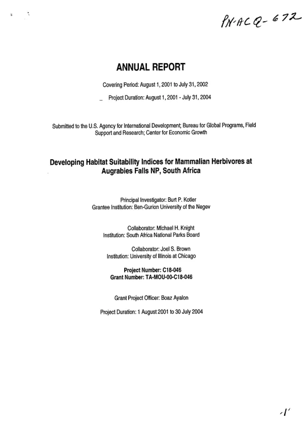 Annual report covering period : August 1, 2001 to July 31, 2002 -- developing habitat suitability indices for mammalian herbivores at Augrabies Falls NP, South Africa