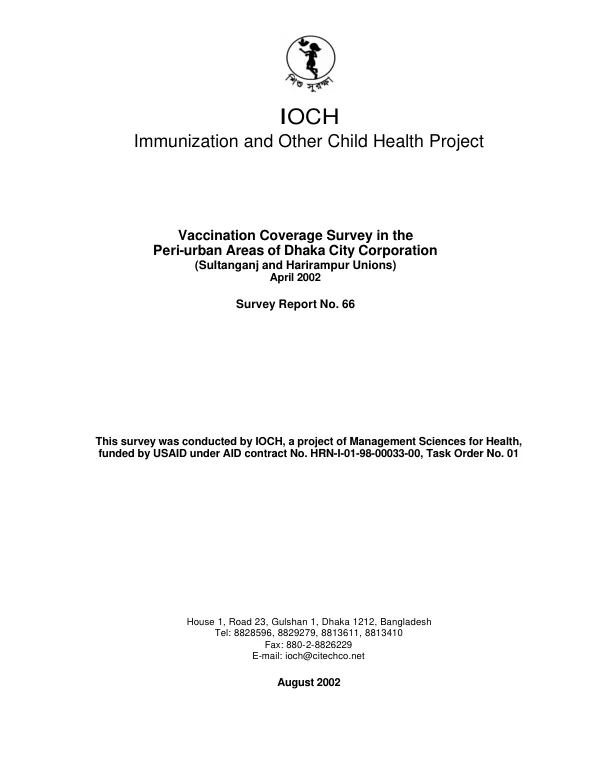 Vaccination coverage survey in the peri-urban areas of Dhaka City Corporation (Sultanganj and Harirampur unions), April 2002