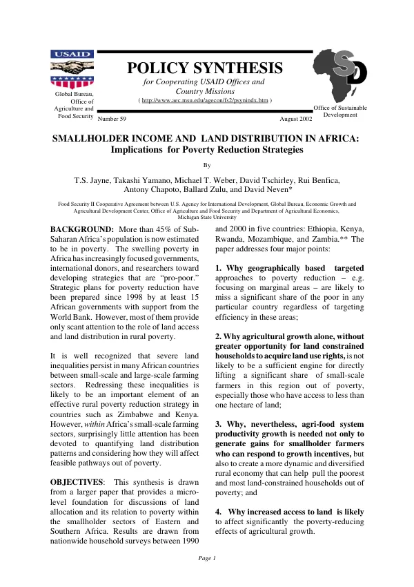 Smallholder income and land distribution in Africa : implications for poverty reduction strategies