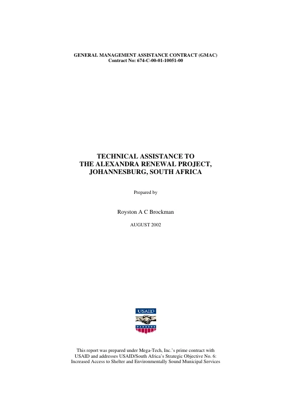 Technical assistance to the Alexandra renewal project : Johannesburg, South Africa