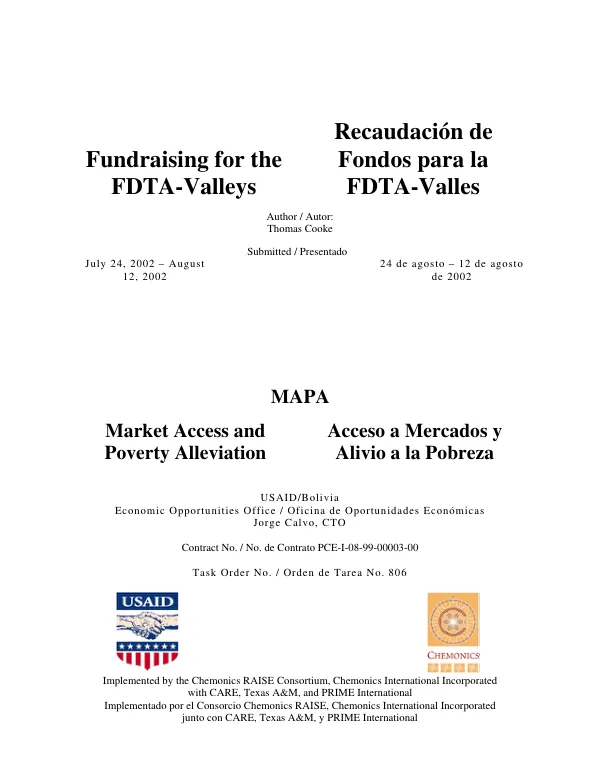 Fundraising for the FDTA-Valleys [Foundation for Technological Development of Agriculture-Valleys] = Recaudacion de fondo para la FDTA-Valles [Fundaciones para el Desarrollo Tecnologico Agropecuario-Valles]