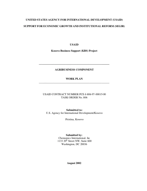 Kosovo business support (KBS) project : agribusiness component -- workplan