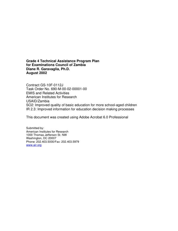 Grade 4 technical assistance program plan for Examinations Council of Zambia [ECZ]