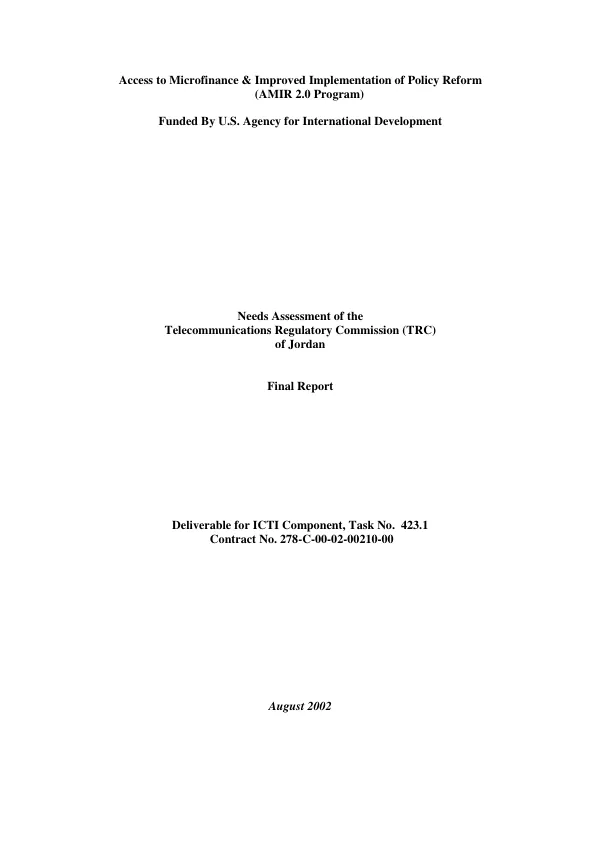 Needs assessment of the Telecommunications Regulatory Commission (TRC) of Jordan : final report
