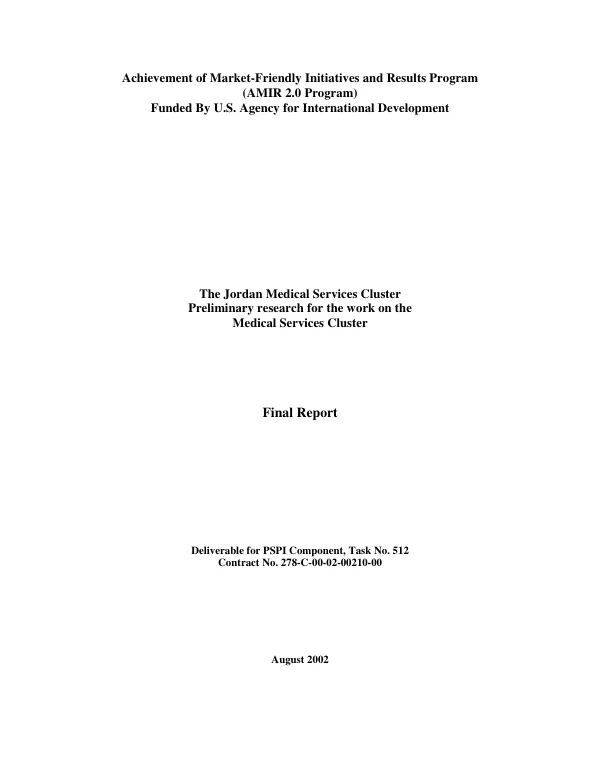 The Jordan medical services cluster : preliminary research for the work on the medical services cluster -- final report