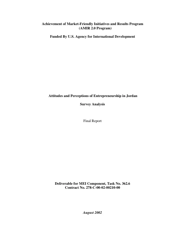 Attitudes and perceptions of entrepreneurship in Jordan : survey analysis -- final report