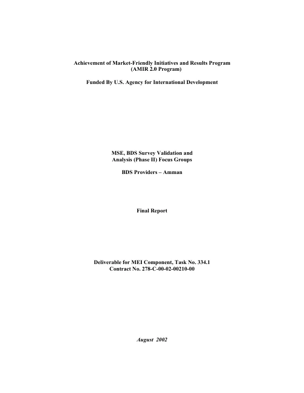 MSE [micro and small enterprises], BDS [business development services] survey validation and analysis (phase II) focus groups : BDS [business development services] providers - Amman[, Jordan] -- final report
