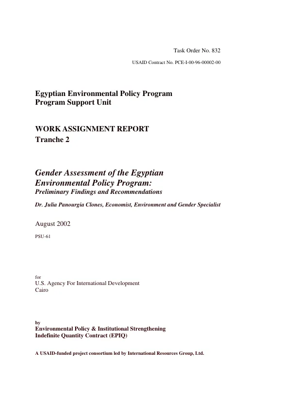 Gender assessment of the Egyptian environmental policy program : preliminary findings and recommendations