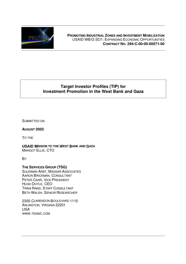 Target investor profiles (TIP) for investment promotion in the West Bank and Gaza