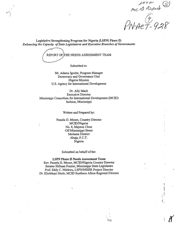 Legislative strengthening program for Nigeria (LSPN) phase II : enhancing the capacity of state legislatures and executive branches of governments -- report of the needs assessment team