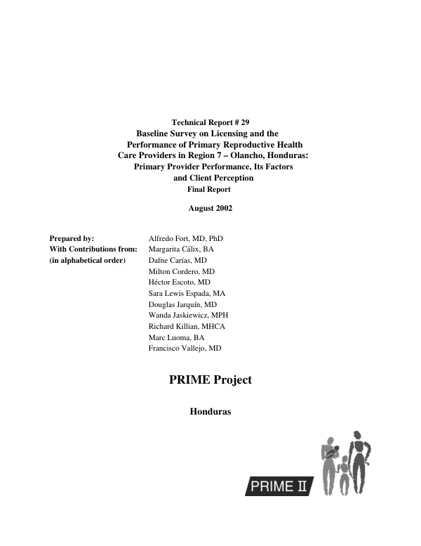 Baseline survey on licensing and the performance of primary reproductive health care providers in region 7, Olancho. Honduras : primary provider performance, its factors and client perception -- final report