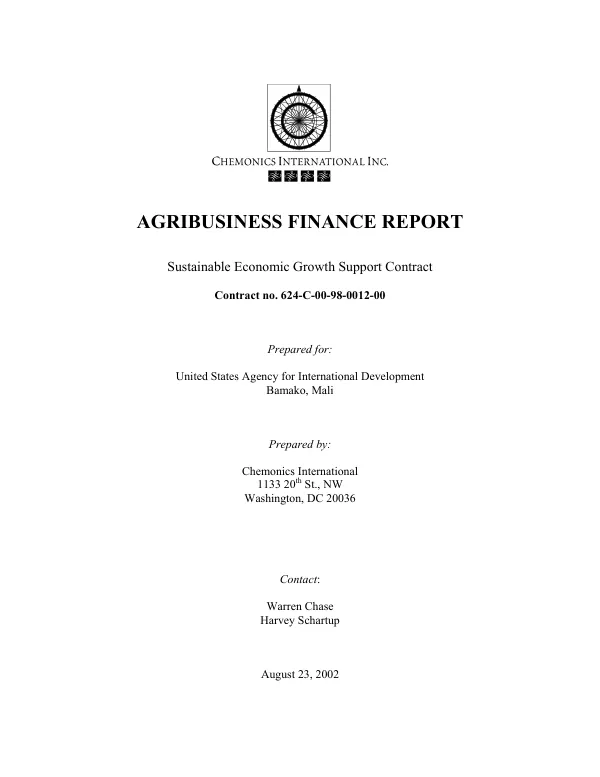 Agribusiness finance report : sustainable economic growth [SEG] support contract -- contract no. 624-C-00-98-0012-00 [i.e. 624-C-00-98-00012-00]