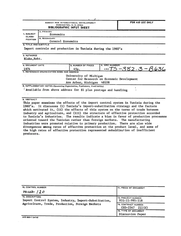 Import controls and production in Tunisia during the 1960"s