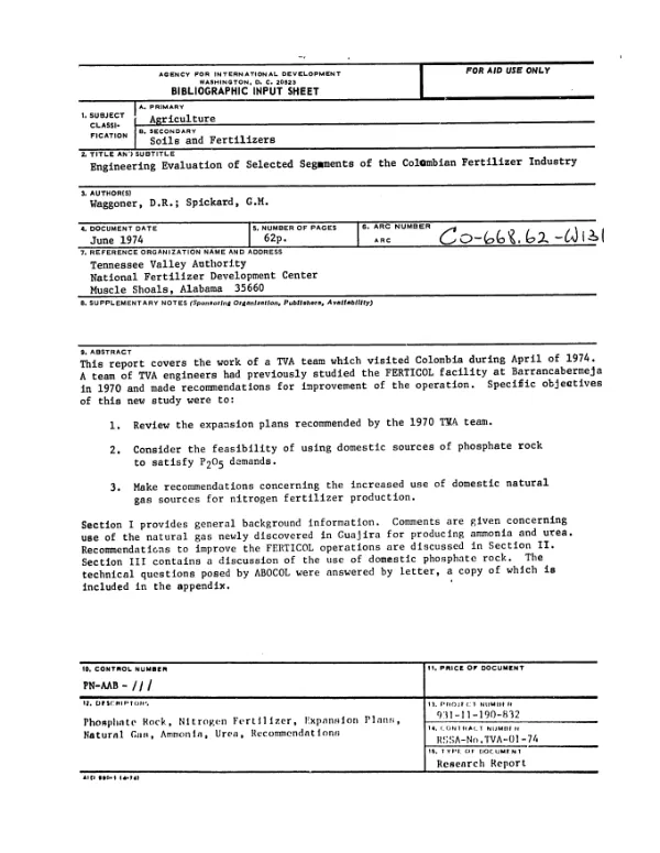 Engineering evaluation of selected segments of the Colombian fertilizer industry