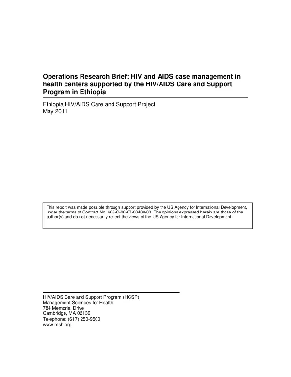 Operations research brief : HIV and AIDS case management in health centers supported b the HIV/AIDS care and support program in Ethiopia