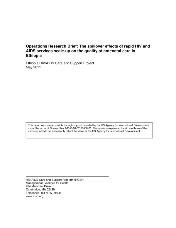 Operations research brief : the spillover effects of rapid HIV and AIDS services scale-up on the quality of antenatal care in Ethiopia