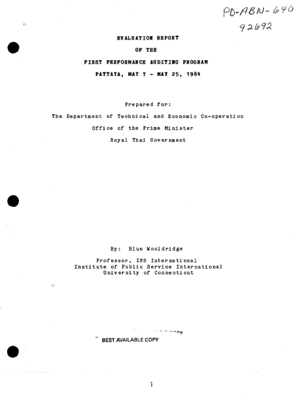 Evaluation report of the first performance auditing program, Pattaya, [Thailand], May 7-May 25, 1984